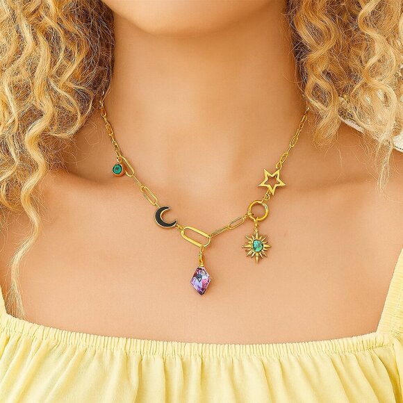 ๐ Boho Celestial Chic 18K Gold Plated Charm Necklace With Star Moon Sun Motifs - Picture 4 of 12